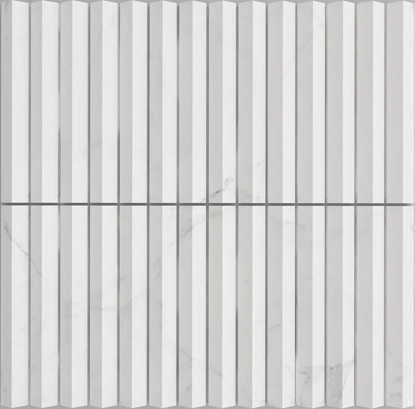 Luxe Profiles Encore 12×12 White leathered marble dimensional mosaic.