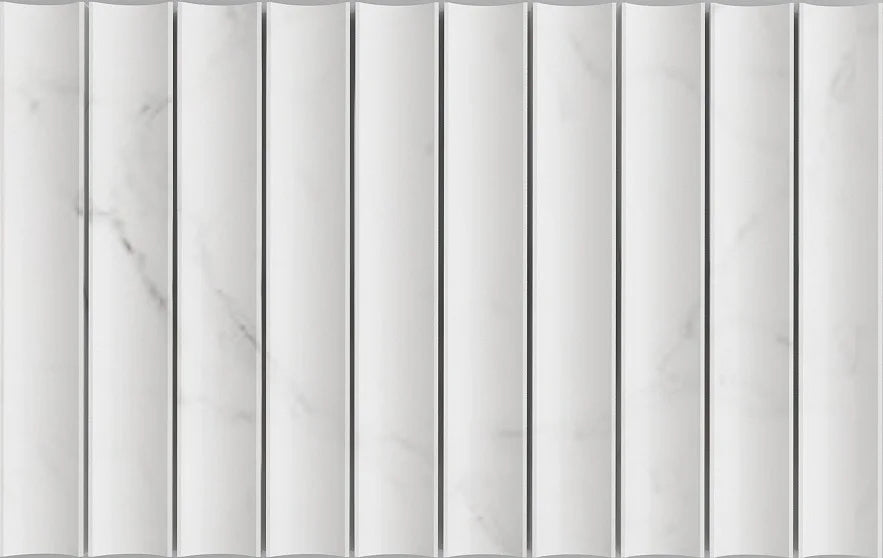 Luxe Profiles Finale 12⅜×7⅞ White leathered marble dimensional mosaic.