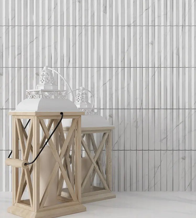 Luxe Profiles leathered marble mosaic installed as a dimensional interior feature wall.