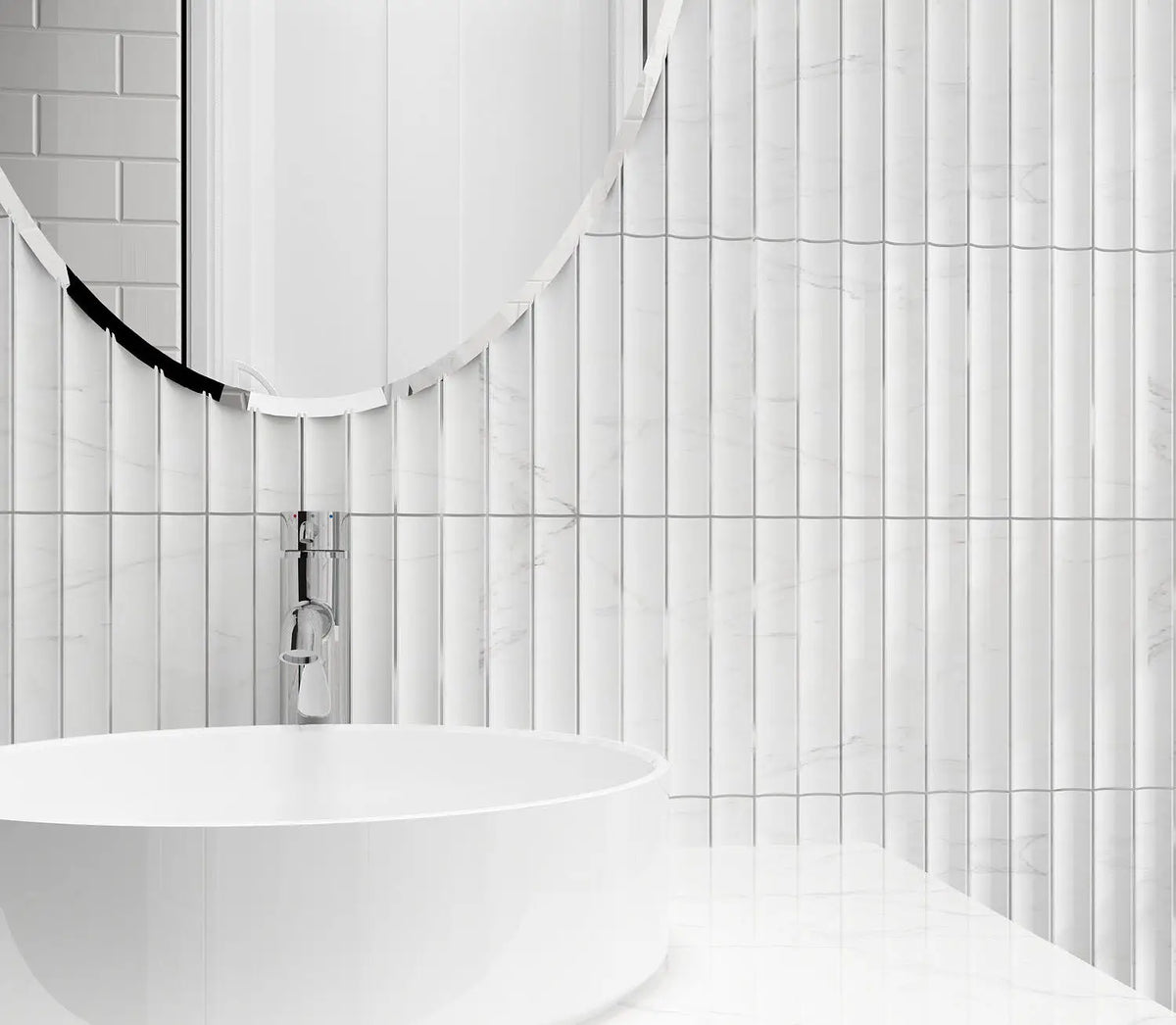 Luxe Profiles leathered marble mosaic installed on a refined bathroom or vanity wall.