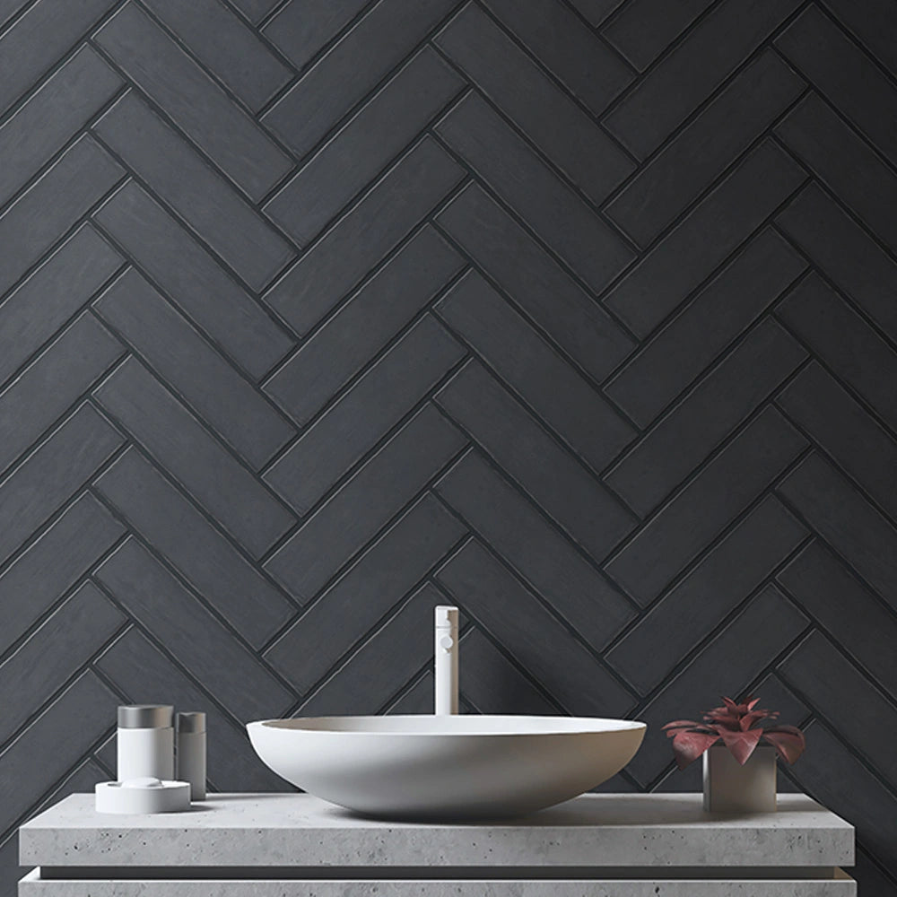 ModLine Slate Stone 2×20 glossy ceramic wall tile shown in a contemporary interior.