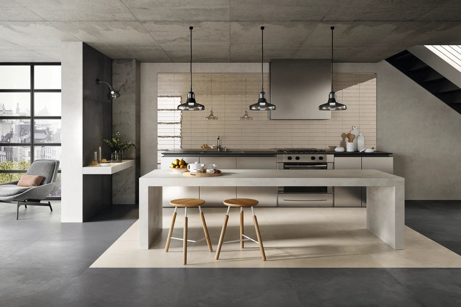 Modern Canvas 36×36 matte porcelain tile installed in a minimalist kitchen and living space.