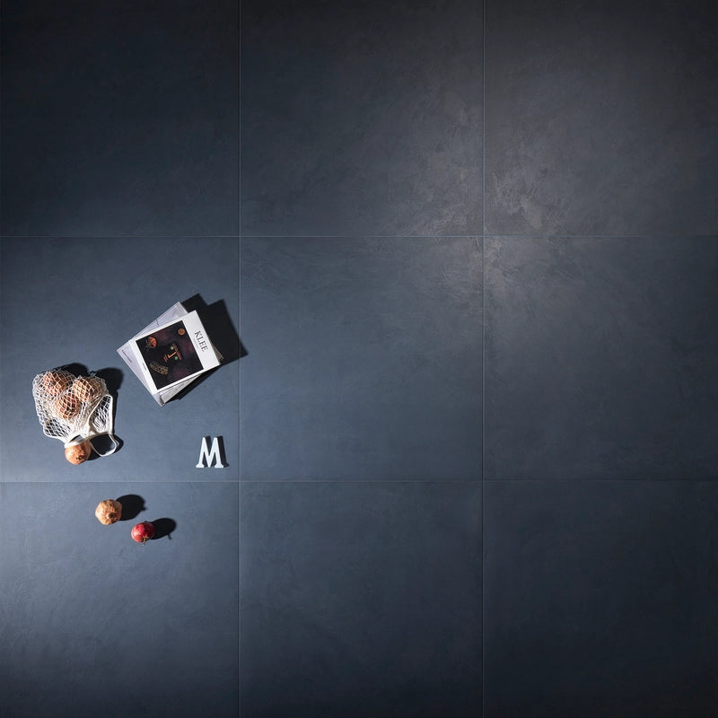 Modern Canvas Steel Blue 36×36 matte porcelain tile installed in a contemporary interior.