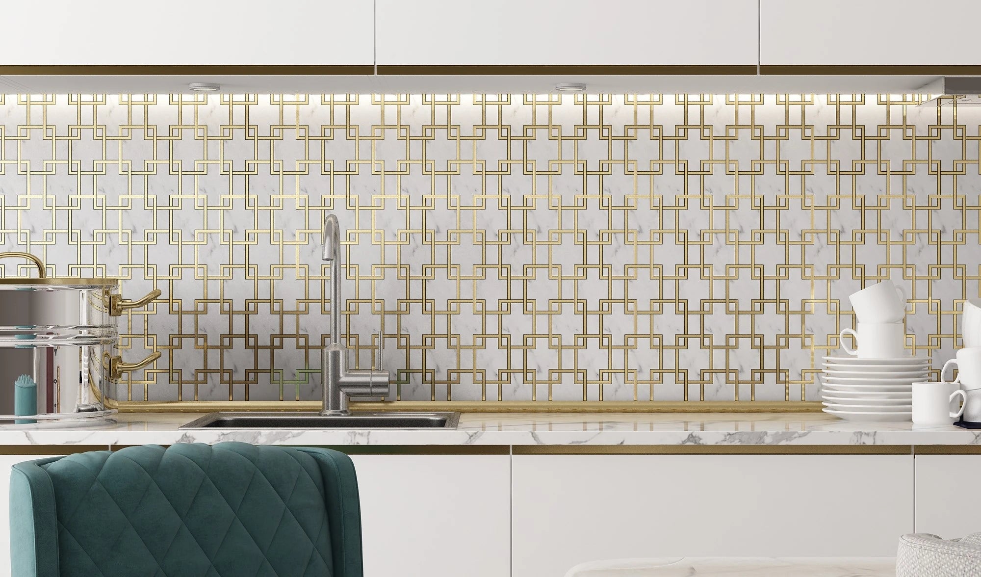 Modern Heritage Bronze Elegance marble and stainless-steel mosaic installed as a kitchen backsplash.