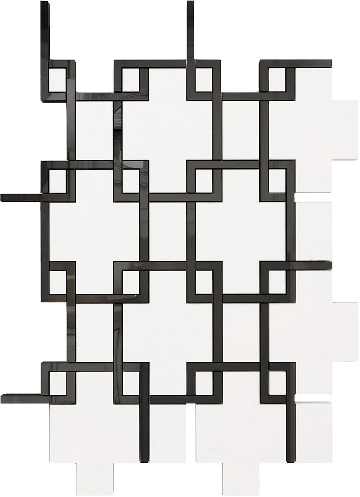 Modern Heritage Onyx Matrix marble and stainless-steel geometric mosaic.