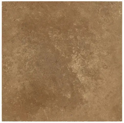 Noce Travertine 18×18 honed-and-filled field tile with warm walnut and mocha variation.