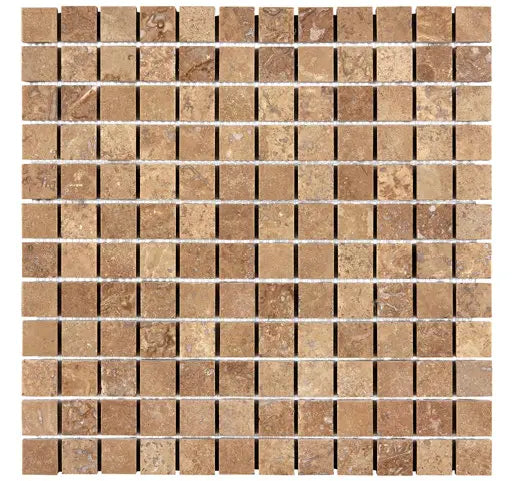 Noce Travertine 1×1 honed-and-filled mosaic with warm brown stone variation.