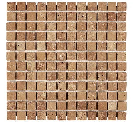 Noce Travertine 1×1 tumbled mosaic with rustic brown texture and softened edges.