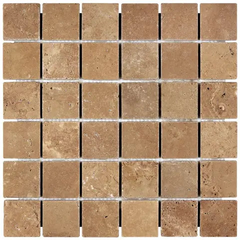 Noce Travertine 2×2 tumbled mosaic with rustic brown natural-stone texture.