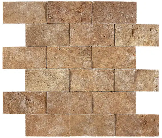 Noce Travertine 2×4 split-face mosaic with dimensional textured brown stone.