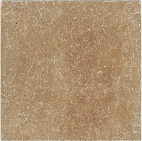 Noce Travertine 4×4 tumbled tile with rustic texture and warm walnut tones.