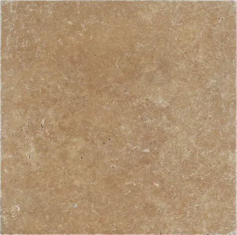 Noce Travertine 6×6 tumbled tile with earthy brown natural-stone movement.