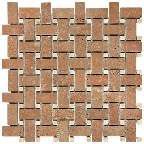 Noce Travertine tumbled basketweave mosaic with warm brown stone and light dots.