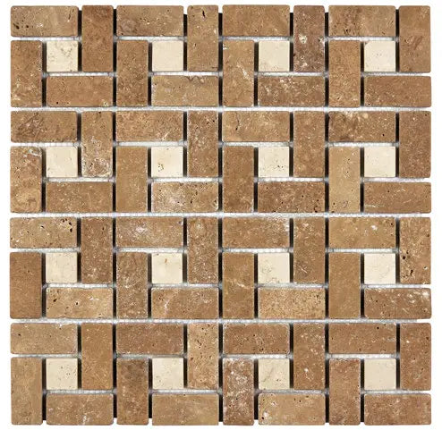 Noce Travertine large tumbled pinwheel mosaic with warm brown geometric pattern.