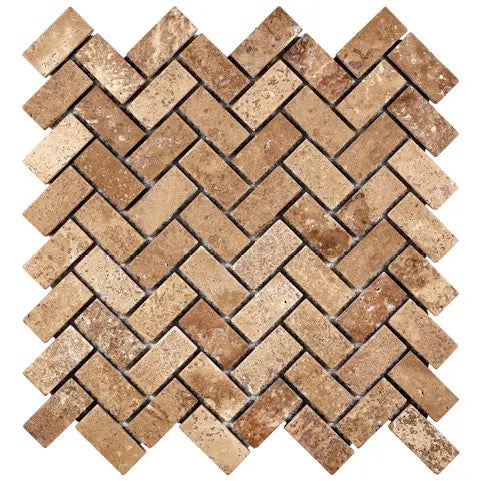 Noce Travertine 1×2 tumbled herringbone mosaic in warm walnut and mocha tones.