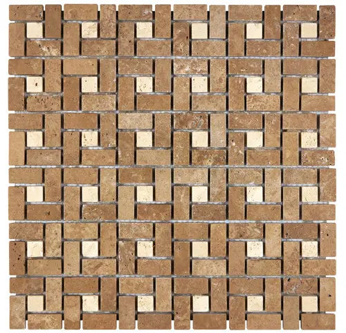 Noce Travertine small tumbled pinwheel mosaic with warm brown geometric pattern.