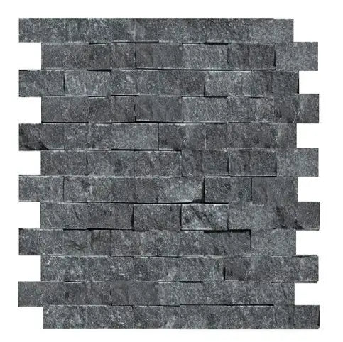 Nero Marquina marble 1×2 split-face mosaic with a dimensional black surface.