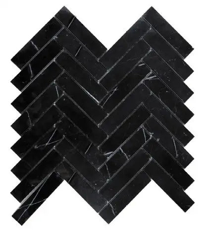 Nero Marquina marble 1×4 herringbone mosaic in a polished or honed finish.