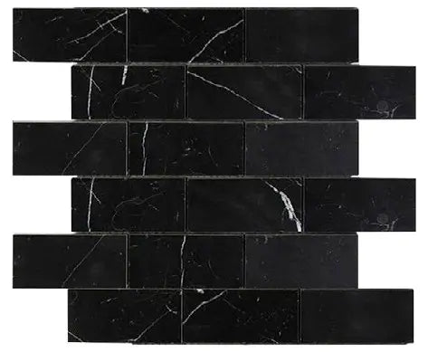 Nero Marquina marble 2×4 straight-edge brick mosaic in a polished or honed finish.