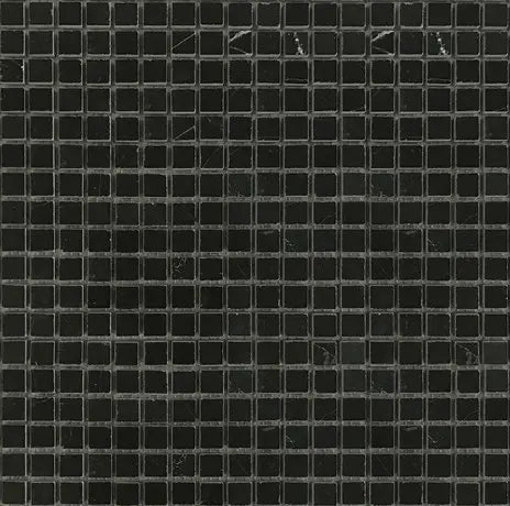Nero Marquina 5/8×5/8 marble mosaic in a polished or honed finish.