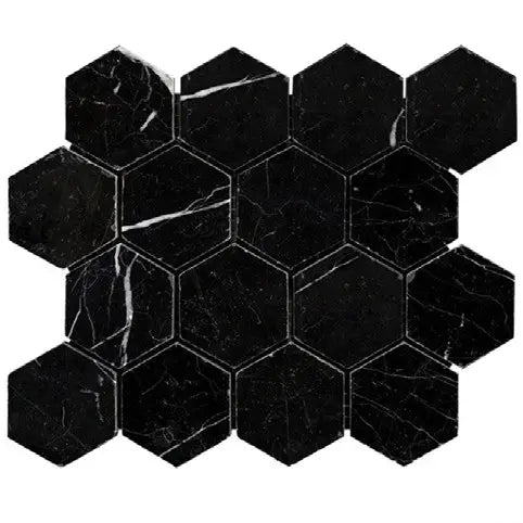 Nero Marquina marble 3-inch hexagon mosaic in a polished or honed finish.