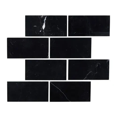 Nero Marquina marble honed 3×6 subway tile.
