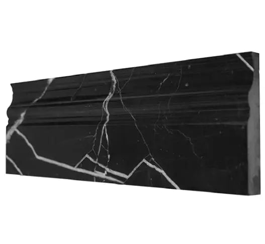 Nero Marquina marble 4¾×12 baseboard in a polished or honed finish.