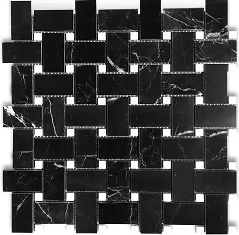 Nero Marquina basketweave marble mosaic with white accent dots.