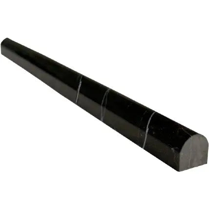 Nero Marquina marble ¾×12 bullnose liner in a polished or honed finish.