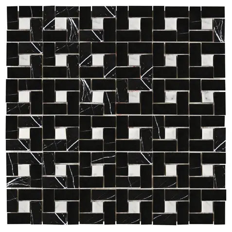 Nero Marquina pinwheel marble mosaic with white accent dots.