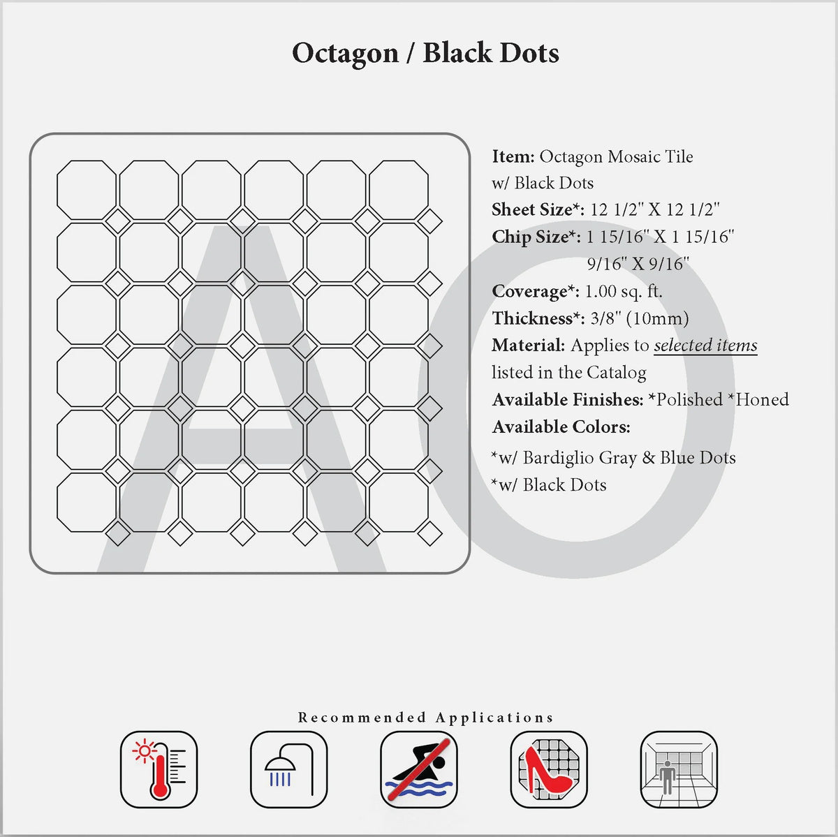 Bianco Dolomite octagon mosaic with black dots specification reference.