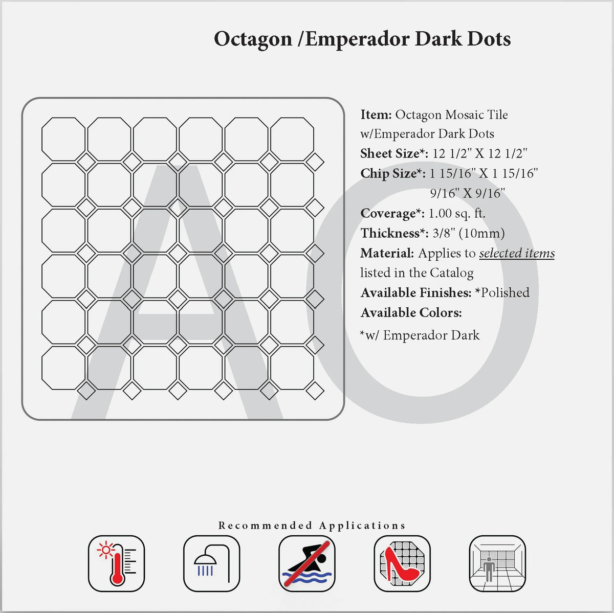 Crema Marfil octagon mosaic with Emperador Dark dots specification reference.
