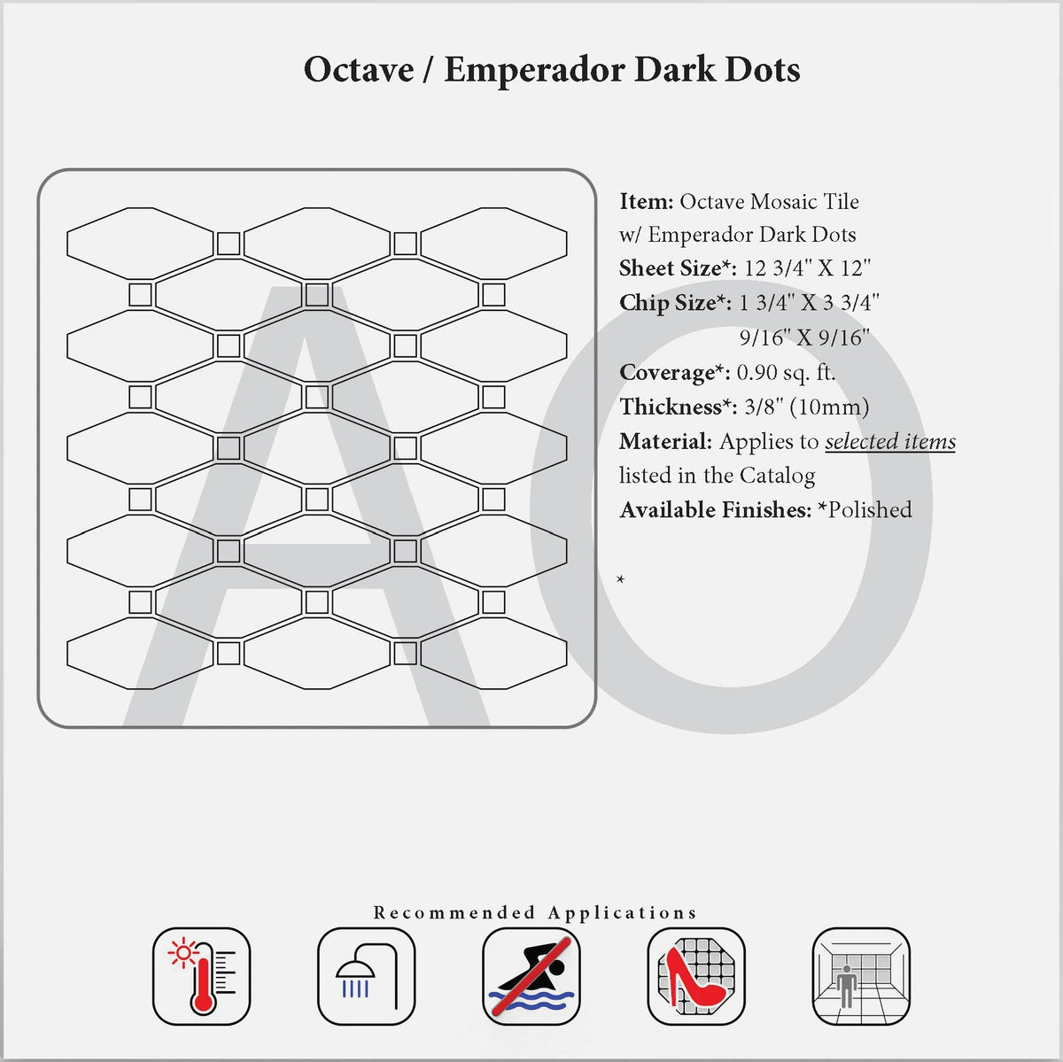 Elongated hexagon mosaic with Emperador Dark dots specification reference; finish labeling requires verification.