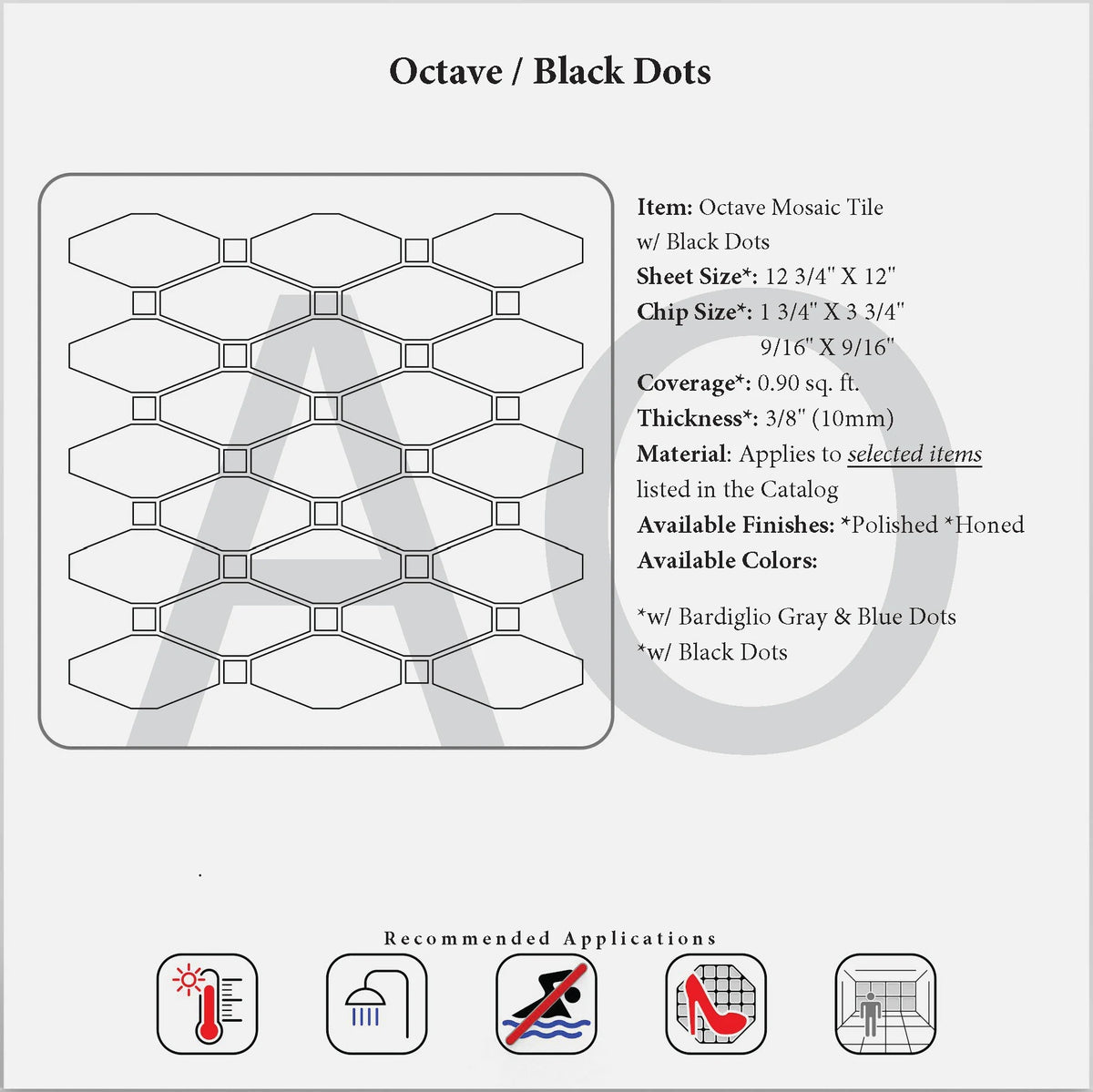 Elongated hexagon mosaic technical reference labeled for blue dots, although this product uses black dots.