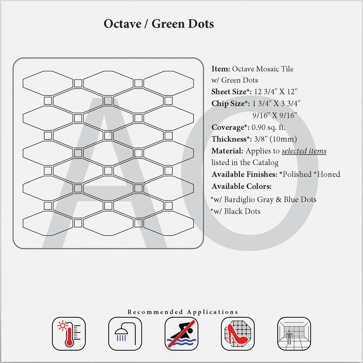 Elongated hexagon technical reference labeled green-dot; inconsistent with the blue-dot product.