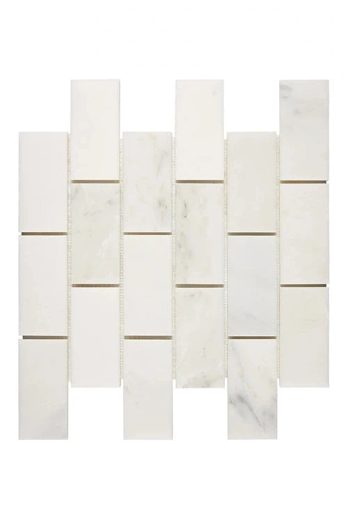 Oriental White marble 2×4 straight-edge brick mosaic in a polished or honed finish.