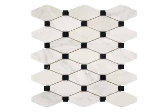 Oriental White elongated hexagon mosaic with black dots finish reference.