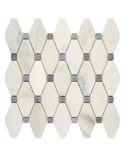 Oriental White elongated hexagon mosaic with blue-gray dots in polished or honed finish.
