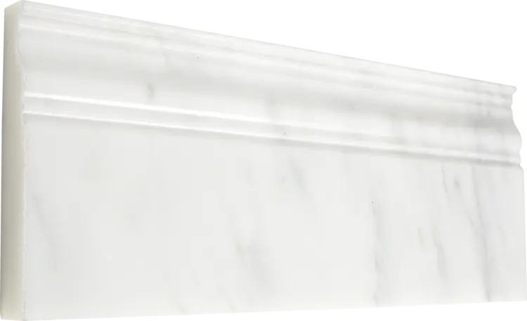Oriental White marble 4¾×12 baseboard used for the honed variant; verify the photographed finish.