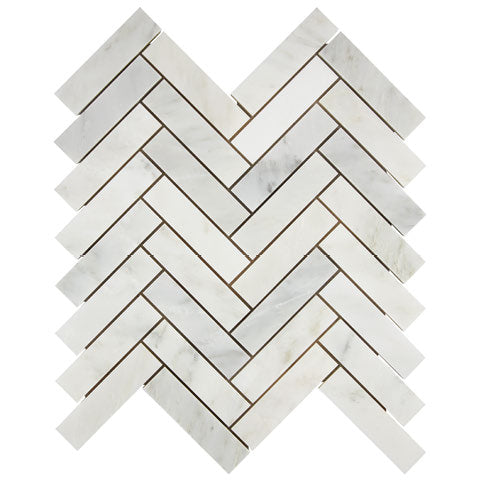 Oriental White polished 1×4 herringbone marble mosaic.