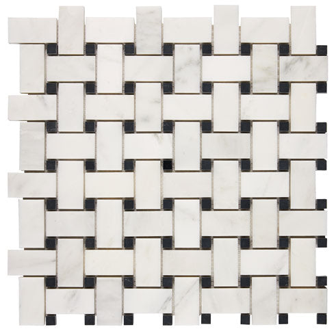 Oriental White polished basketweave mosaic with black dots.