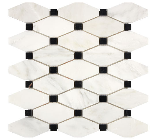 Oriental White polished elongated hexagon mosaic with black dots.