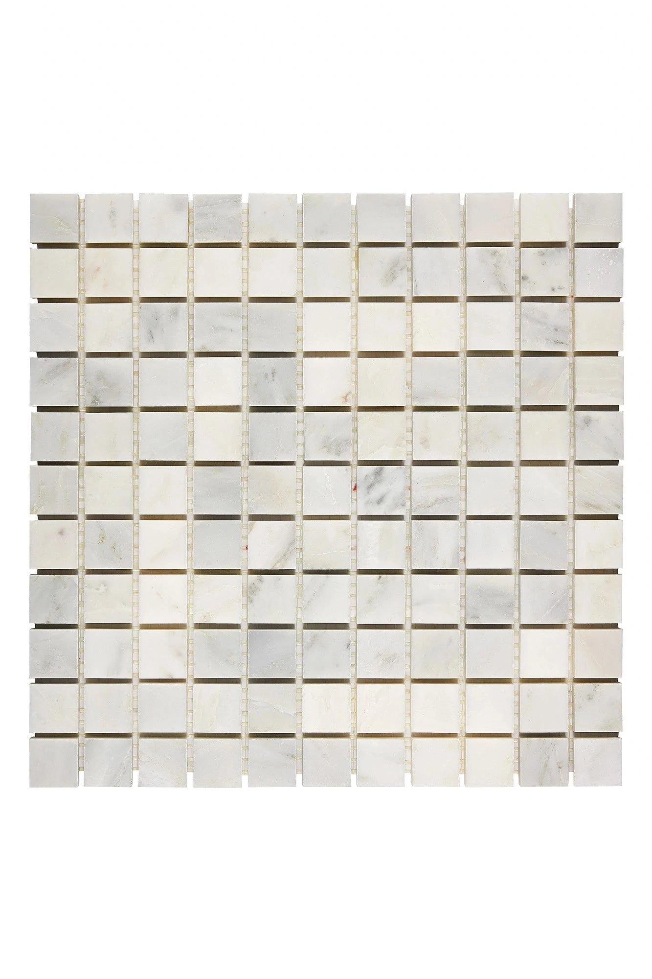 Oriental White 1×1 square marble mosaic in polished or honed finish.