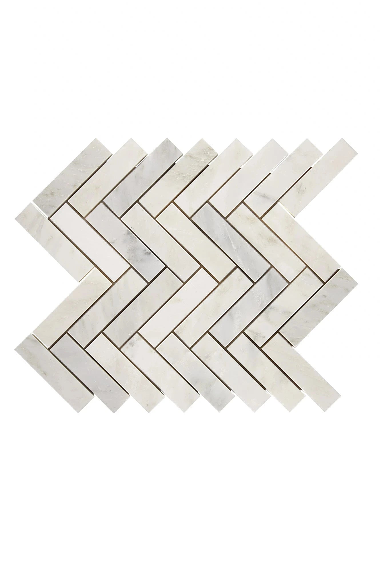 Oriental White 1×4 herringbone marble mosaic in polished or honed finish.
