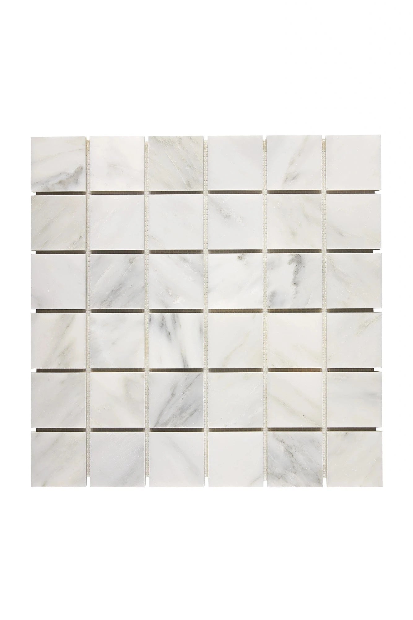 Oriental White 2×2 square marble mosaic in polished or honed finish.