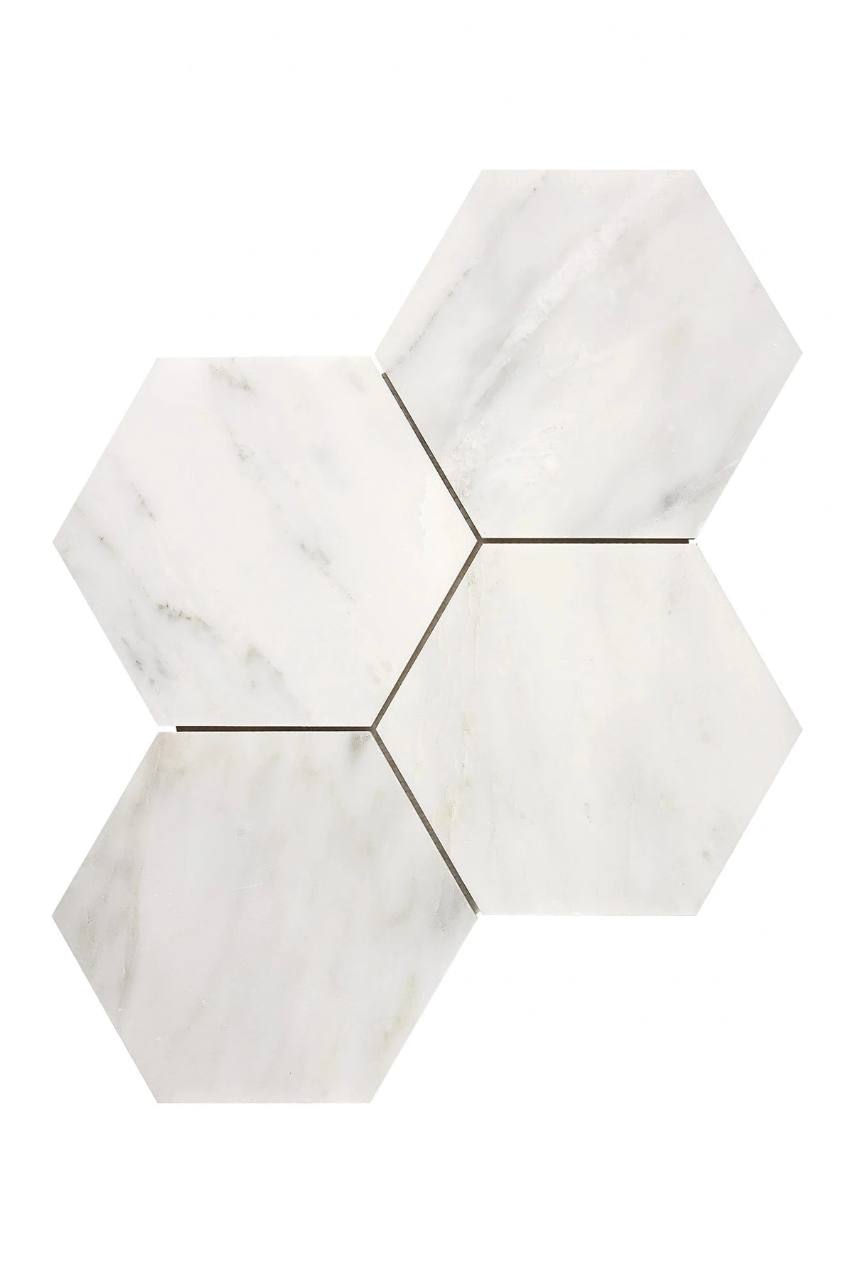Oriental White 6-inch hexagon marble mosaic in polished or honed finish.