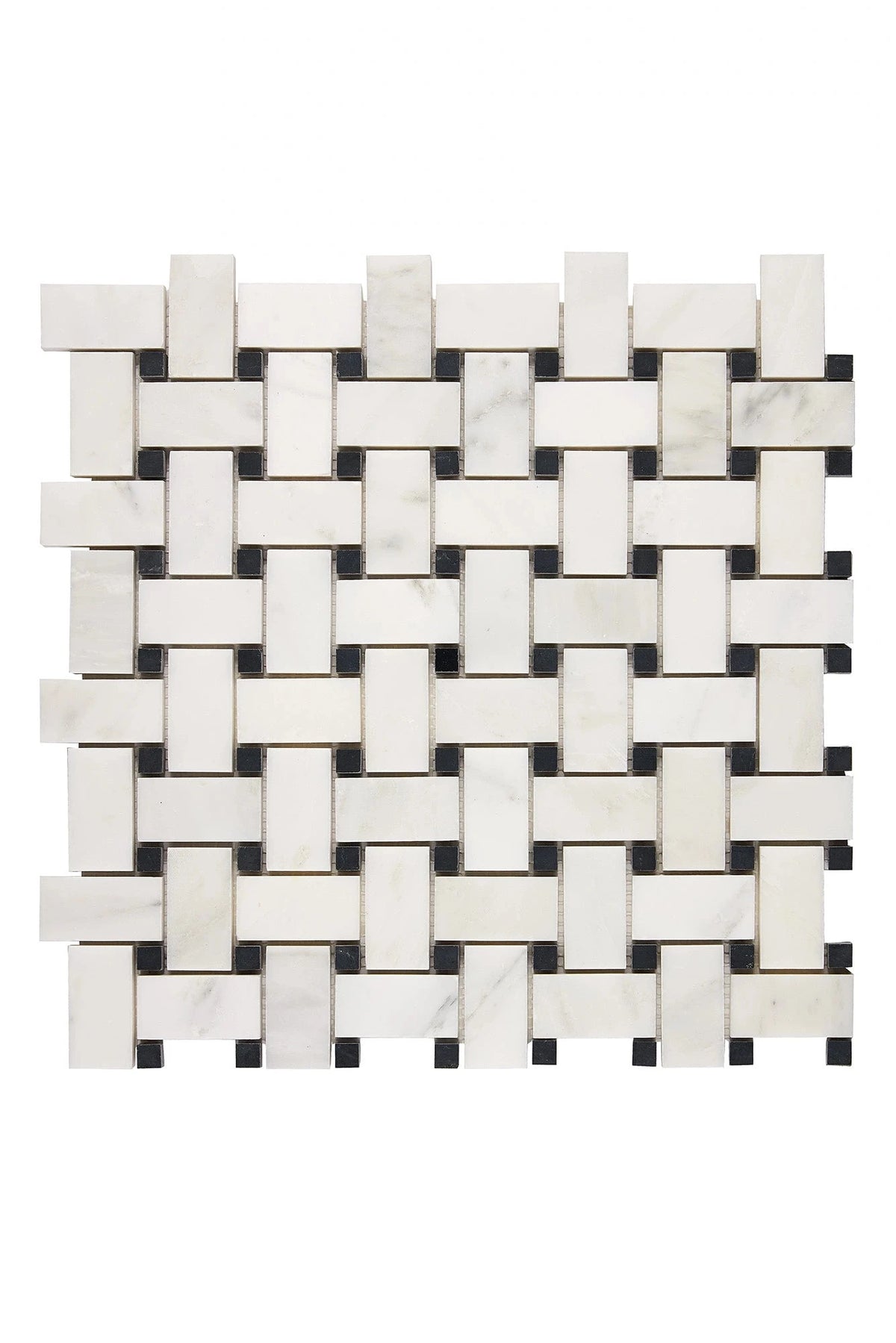 Oriental White basketweave mosaic with black dots in polished or honed finish.