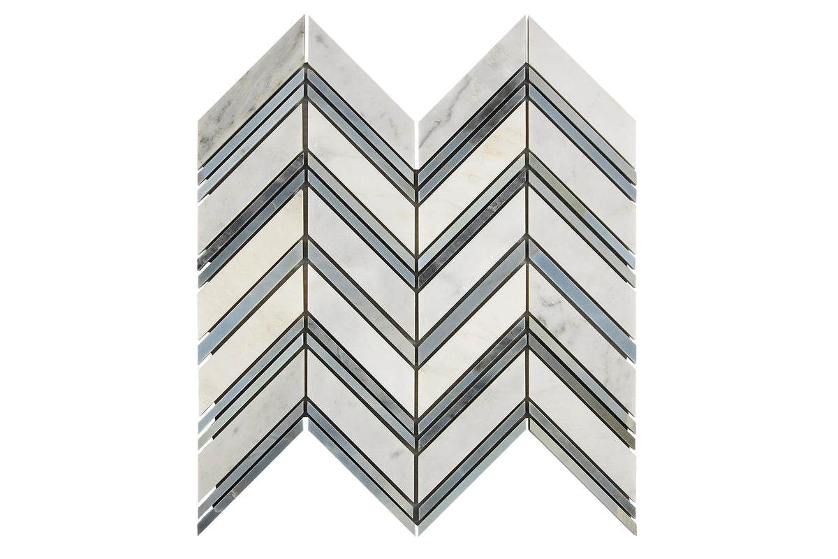 Oriental White large chevron mosaic with blue strips; this colorway is not an active variant on this product.