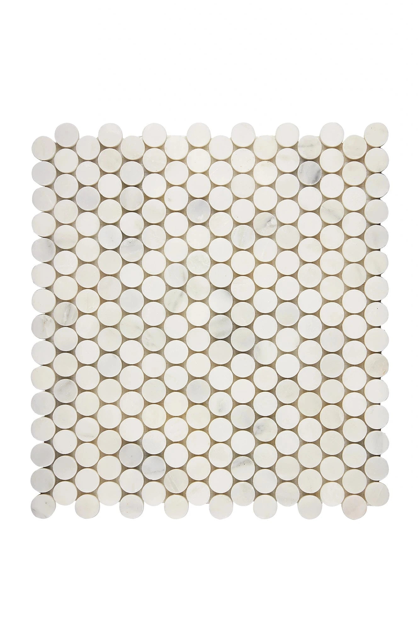 Oriental White penny round marble mosaic in polished or honed finish.