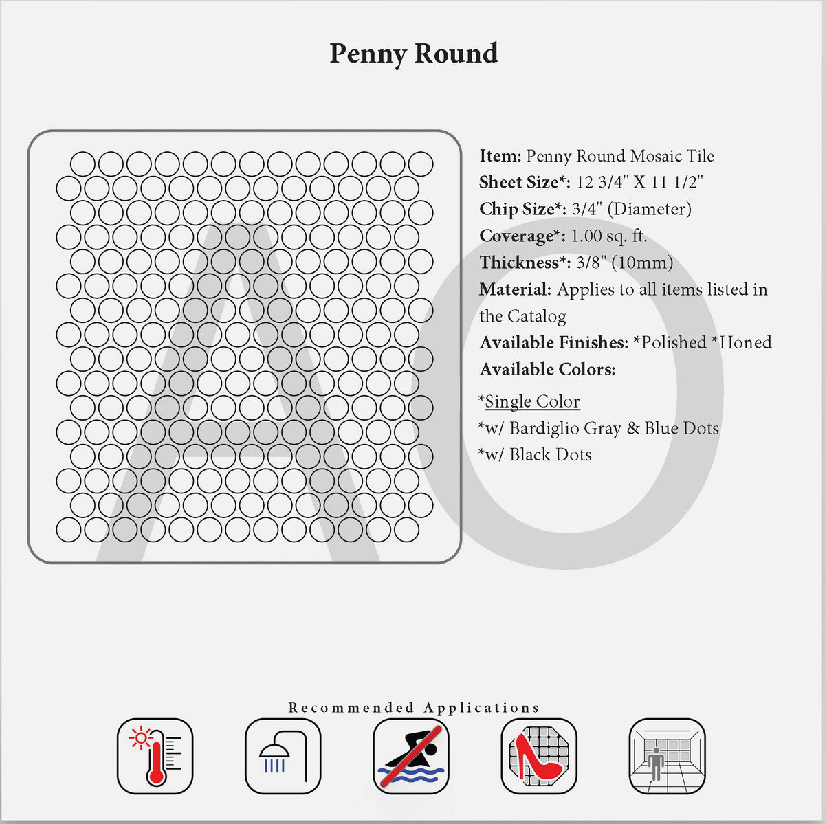Generic penny round mosaic specification reference; exact Carrara stone is not confirmed.